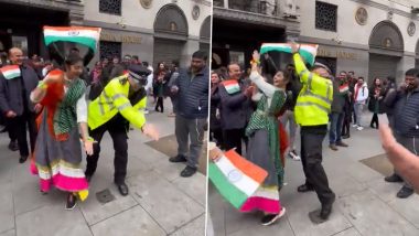 United Kingdom: British Met Police Officer Shakes Leg With Indians During Their Solidarity Gathering in London Against Khalistan Supporters (Watch Video)